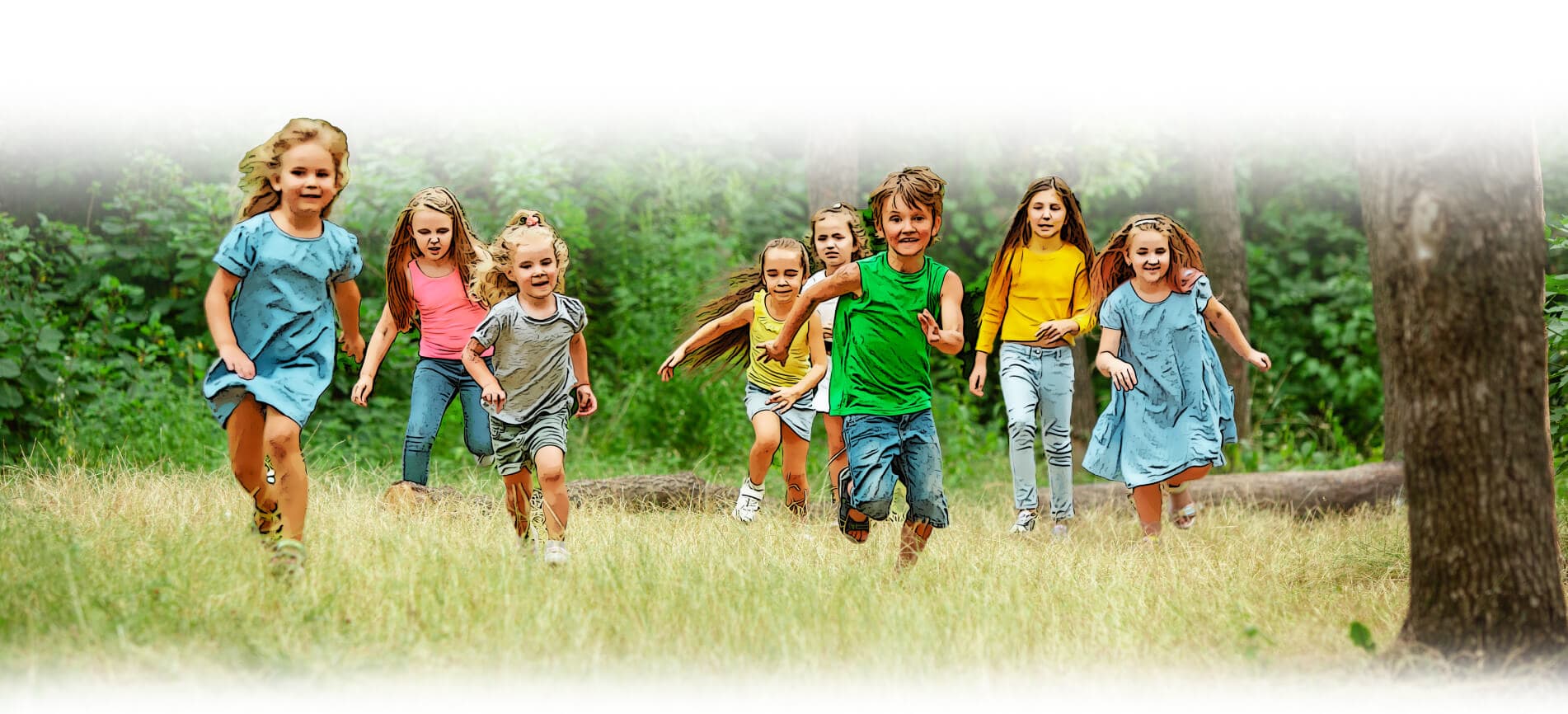 Children running and playing in a field